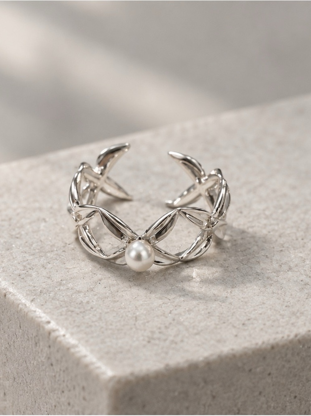 2393 - 41 NWT 925 Sterling Silver Freshwater Pearl Open Ring Adjustable Boho